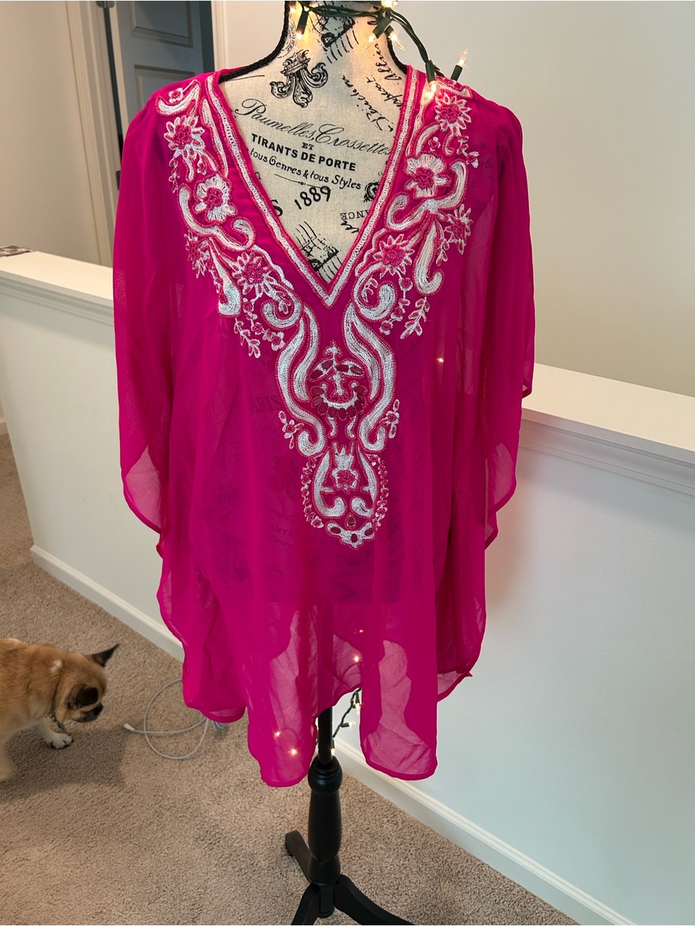 Spiaggia Dolce Hot Pink Embroidered V-Neck Sheer Tunic L/XL - Picture 2 of 10